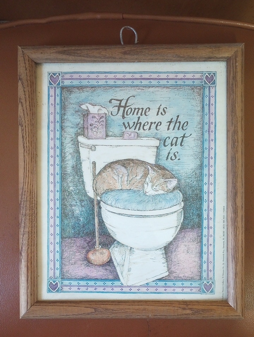 "Home is Where the Cat Is" Framed Country Bathroom Art  Brown White Blue Purple